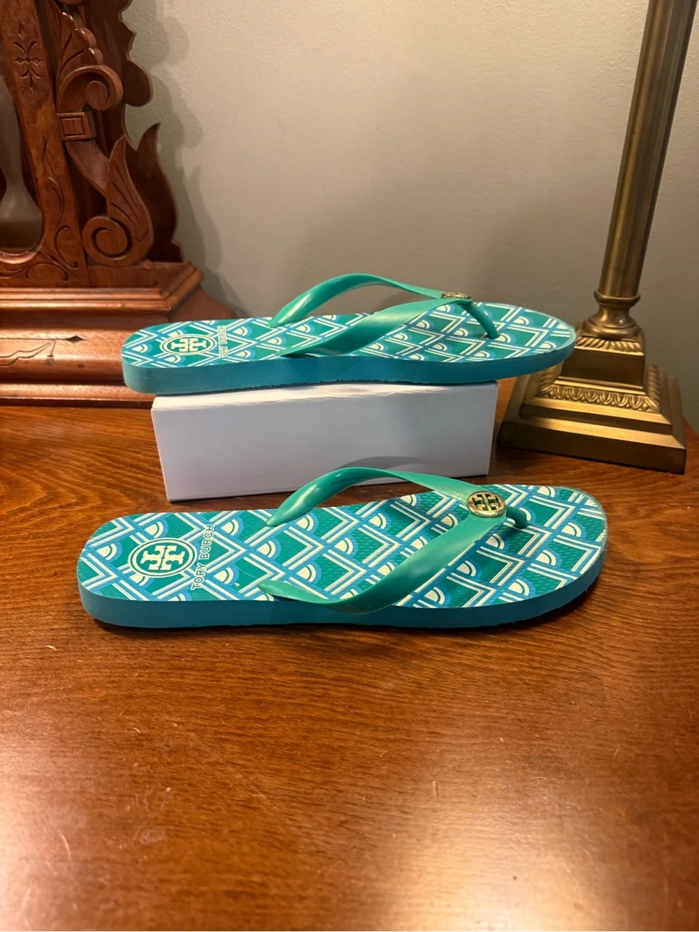 Tory Burch Teal Blue White Patterned Logo Flip Flop Thong Sandals Size 11
